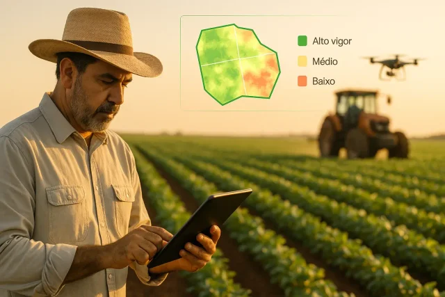 Produtor rural usando tablet em lavoura com mapa NDVI ao fundo
