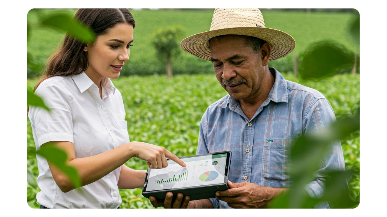 Contabilidade fácil para pequenos produtores. Contador ajudando pequeno produtor com documentos financeiros.