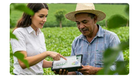 Contabilidade fácil para pequenos produtores. Contador ajudando pequeno produtor com documentos financeiros.