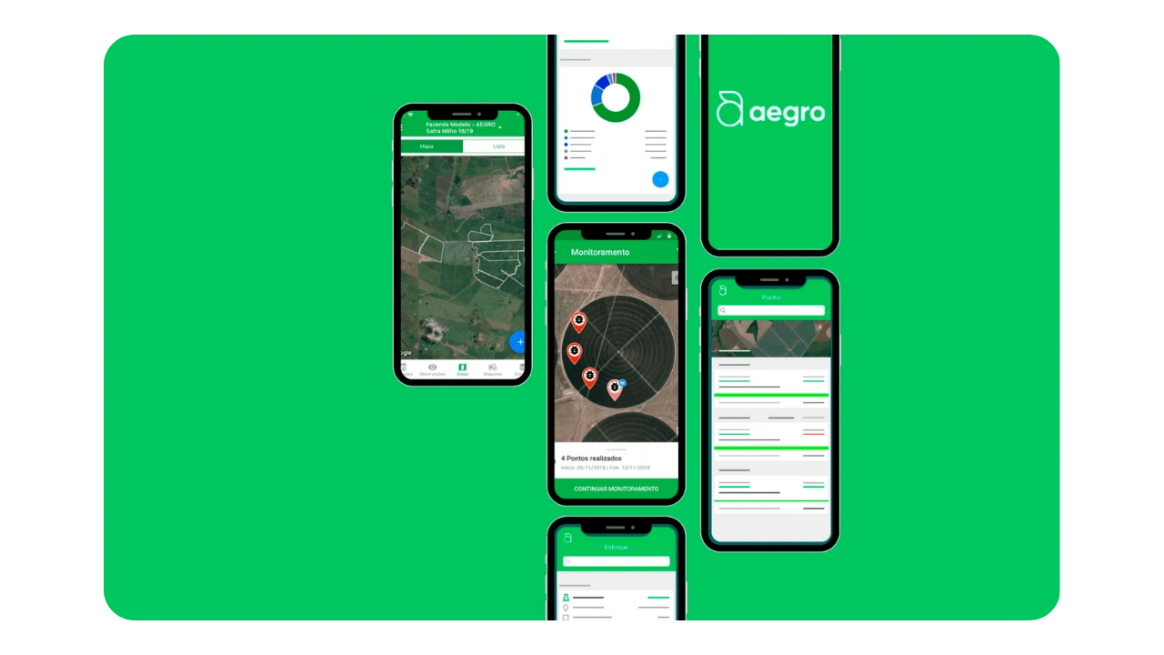 Aplicativos Aegro Campo e Aegro Negócios em celulares.