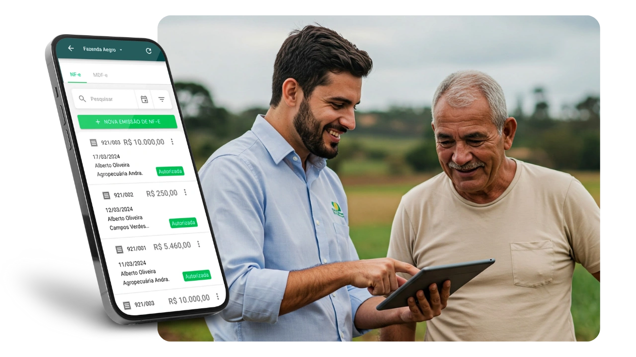 Consultor e pequeno produtor. Consultor ajudando pequeno produtor a usar o Aegro.