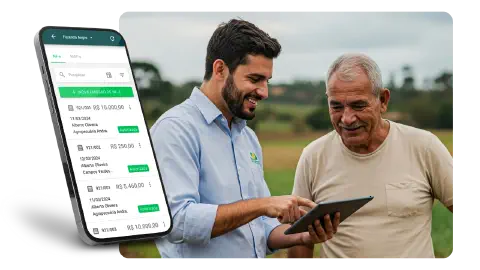 Consultor e pequeno produtor. Consultor ajudando pequeno produtor a usar o Aegro.