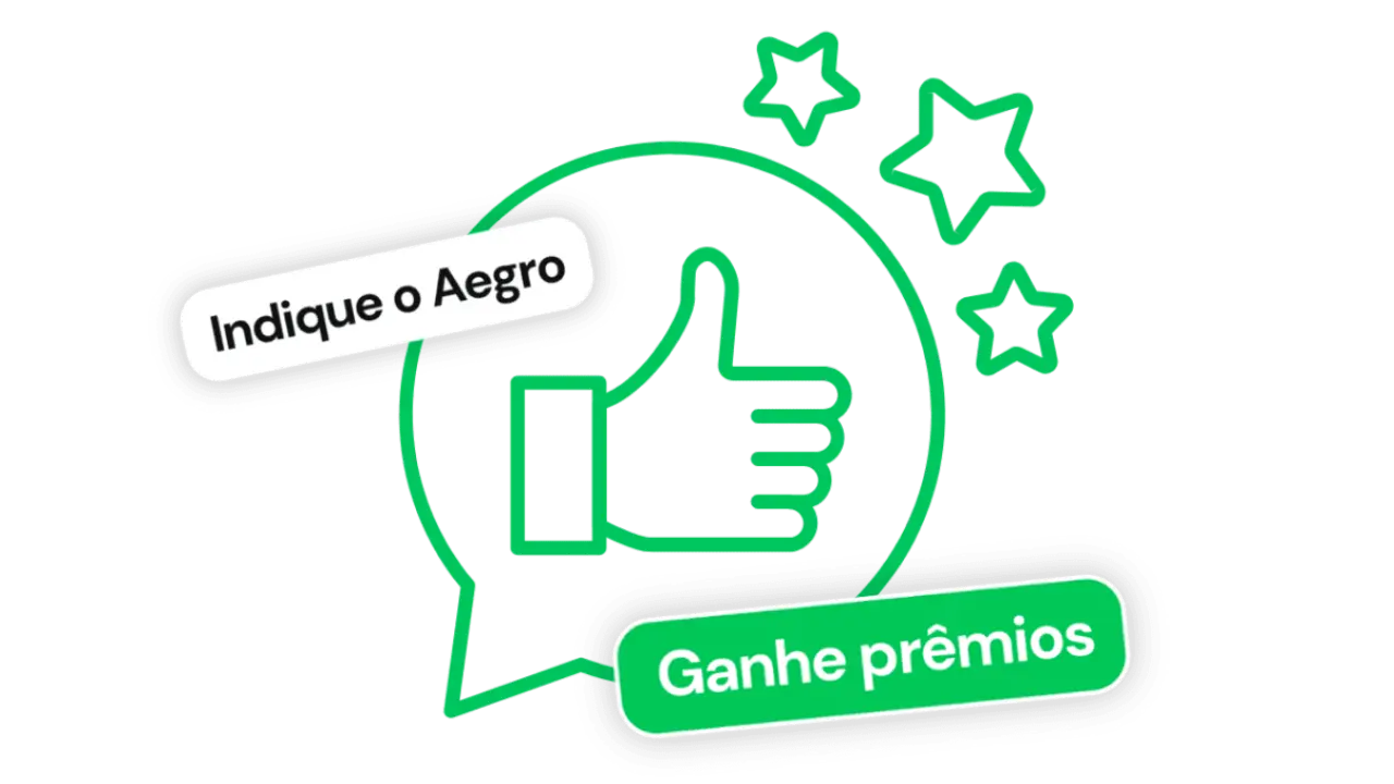 Programa de Indicação Premiada Aegro. Produtor indicando o Aegro e recebendo prêmios.