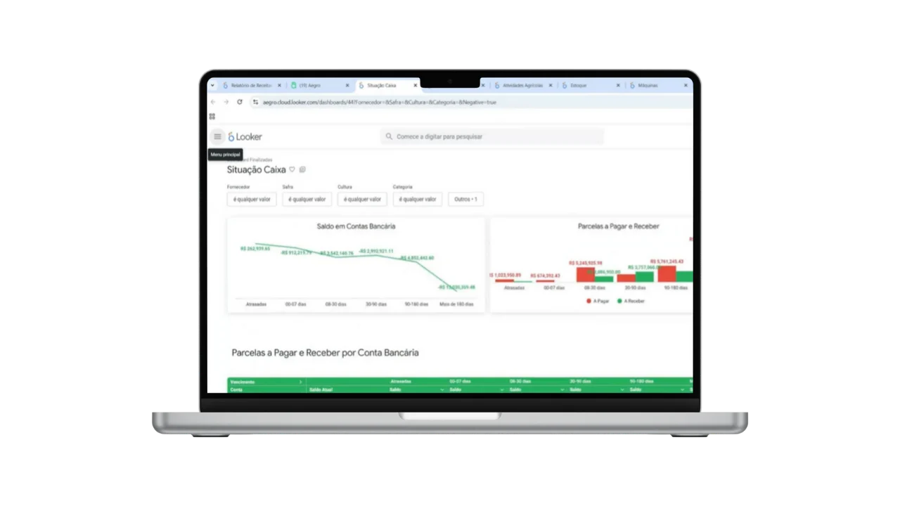 Painel de Análise (BI) conectado aos dados do Aegro.