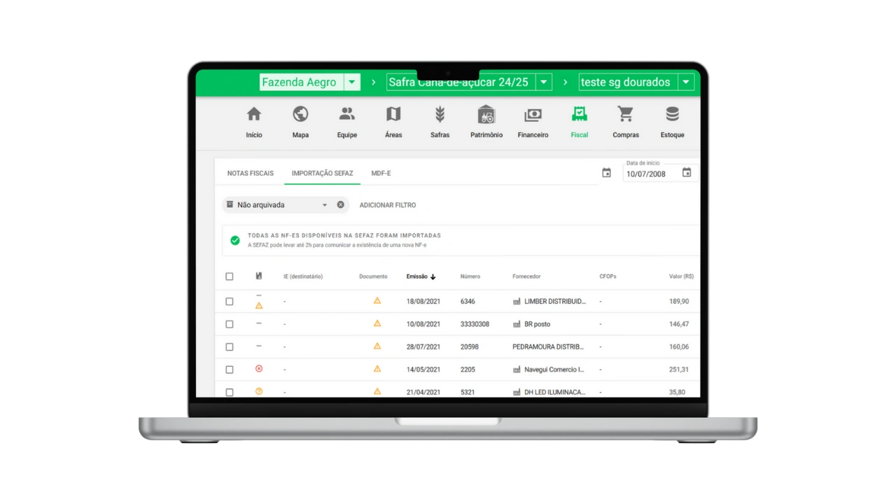 Painel do Aegro mostrando notas fiscais importadas automaticamente.